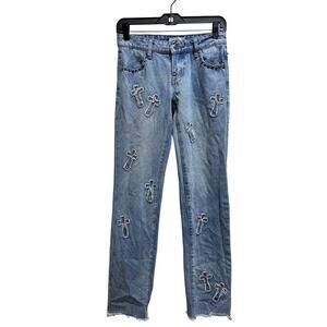 Austin Landing Viral Cross Patch Jeans 00 Light Wash Straight Leg Low Rise Raw